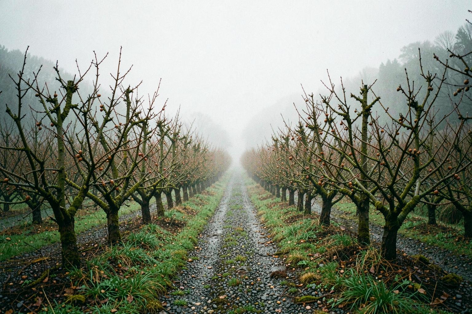 Bare hazelnut orchard rows in valley fog