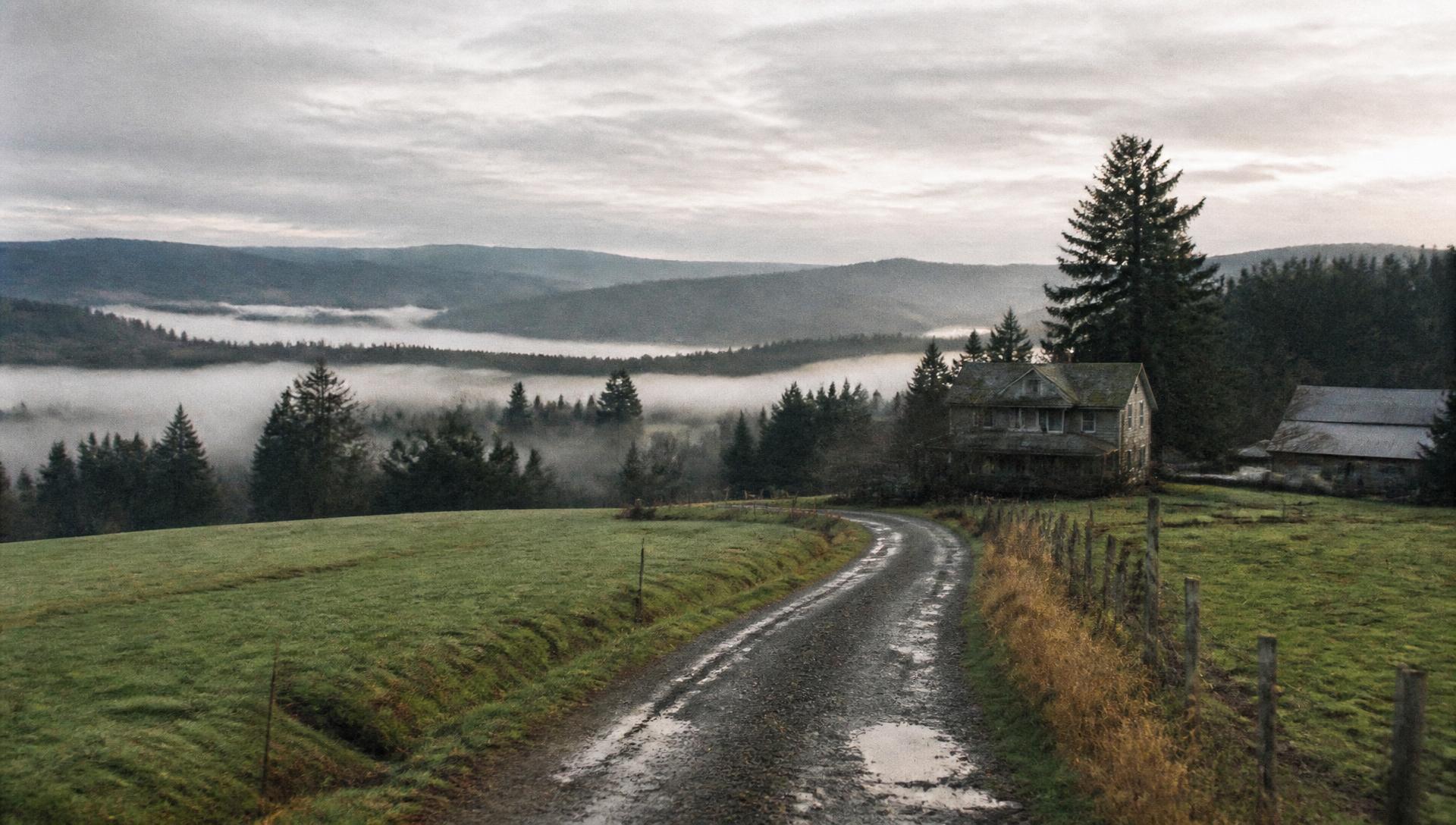 A wet gravel drive through pasture toward a farmhouse, valley fog in the hills beyond