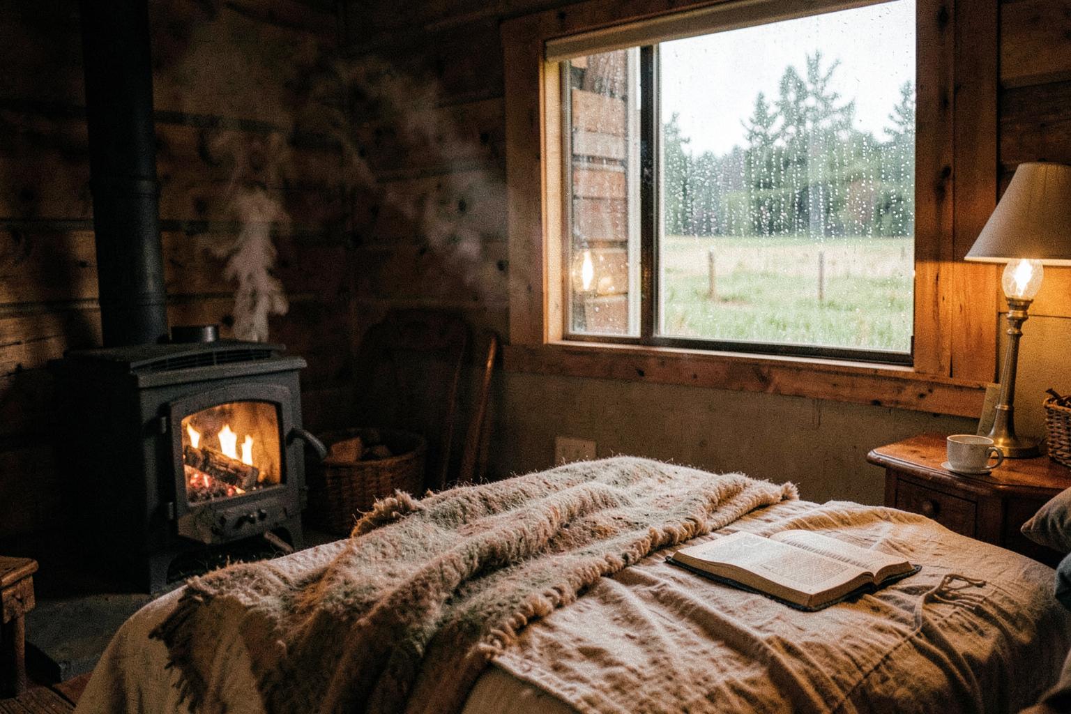 A warm cabin interior with a lit wood stove, wool blanket and rain on the window