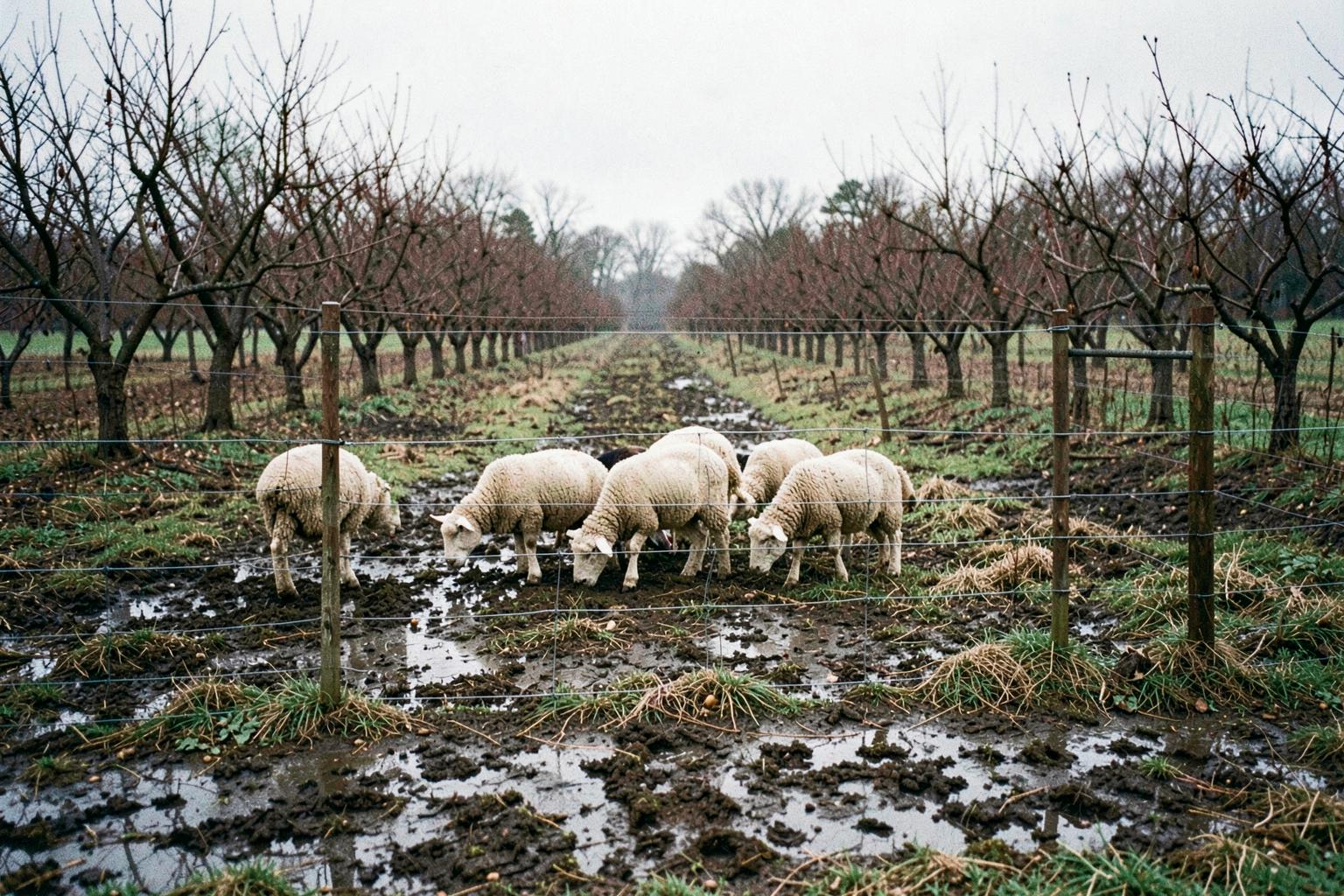 Sheep grazing a muddy winter pasture beside bare hazelnut rows