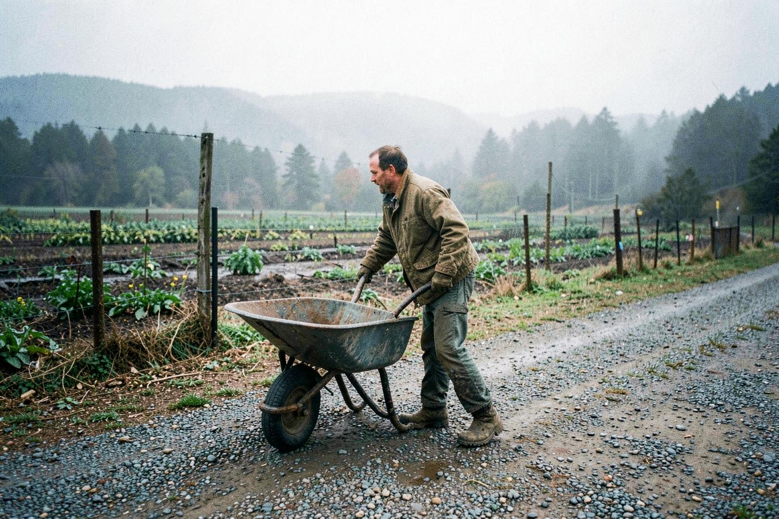 A person pushing a wheelbarrow along a gravel farm track past garden rows in the fog