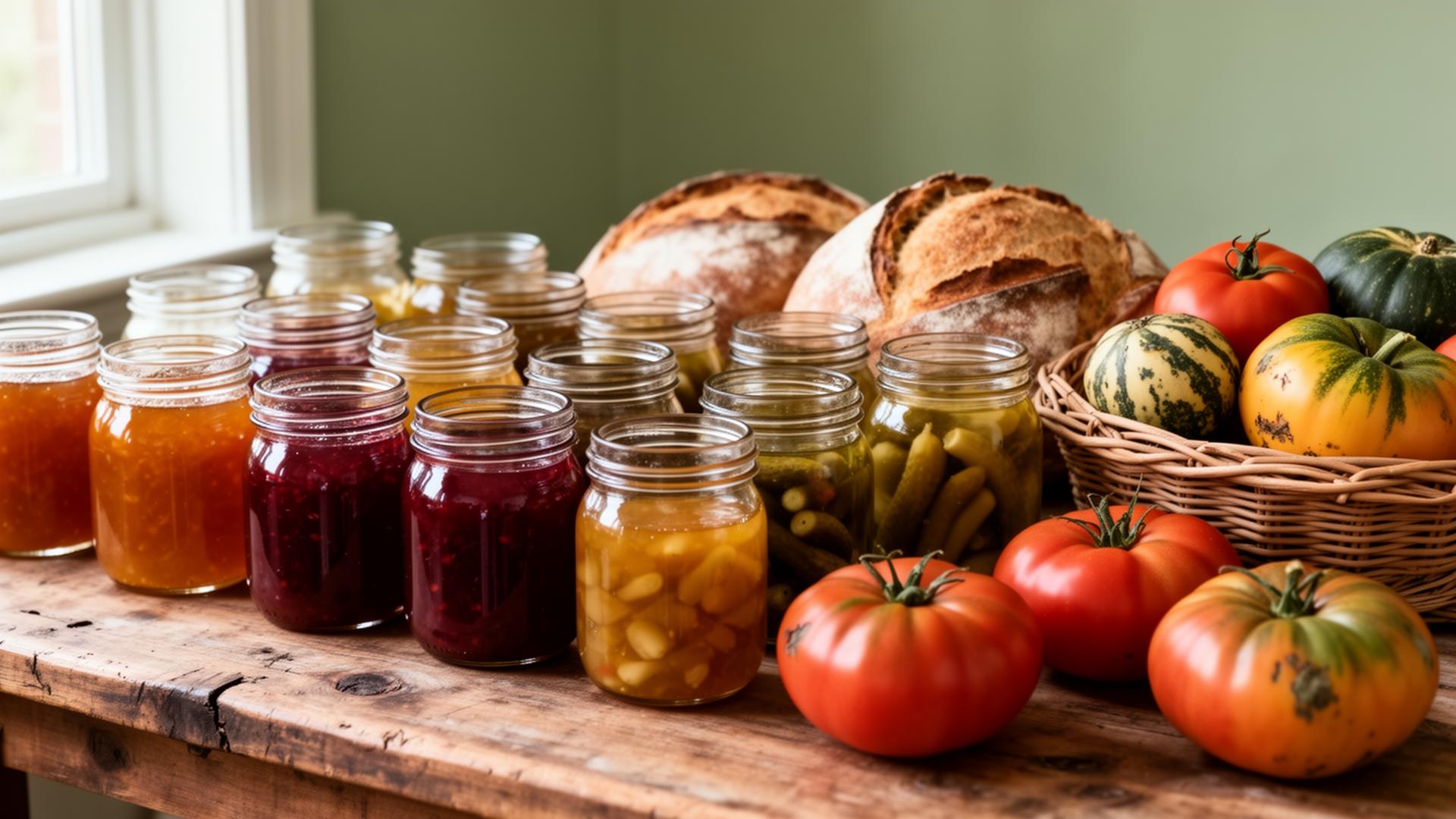 Jars of preserves, artisan bread, and heirloom tomatoes on a rustic wooden table