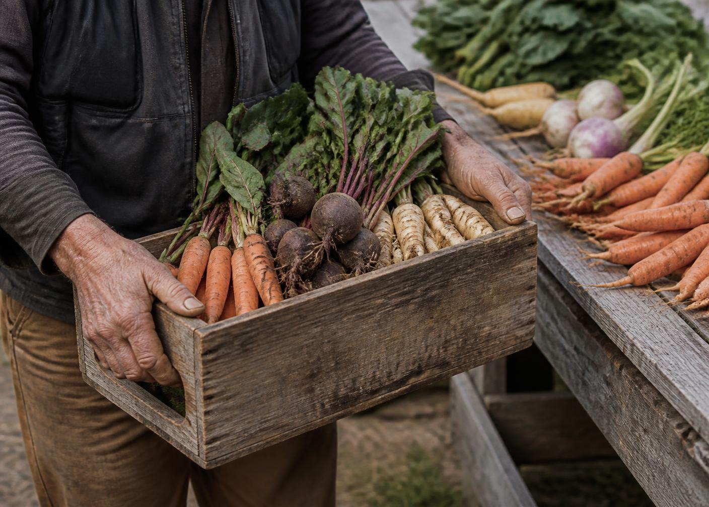 Weathered hands carrying a wooden crate of freshly harvested carrots, beets and parsnips past a farm stand table