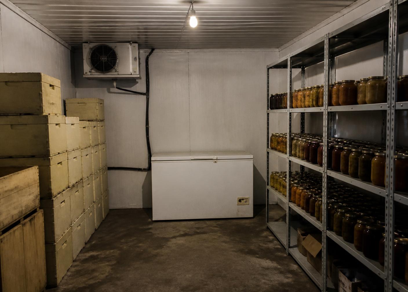Farm cold-storage room with crates, freezer, and preserves