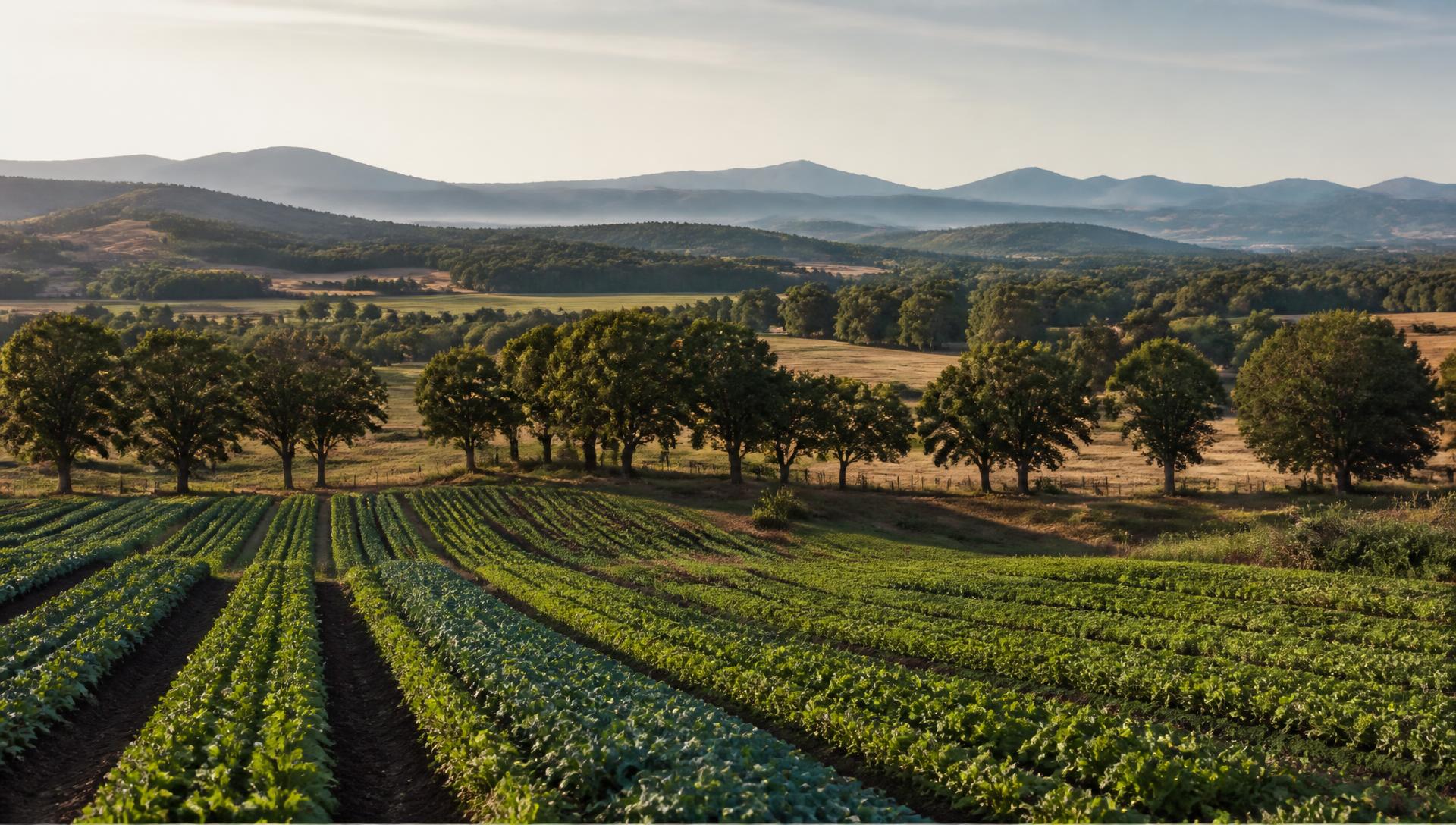 Rows of vegetable crops running toward an oak fence line and the coastal range beyond