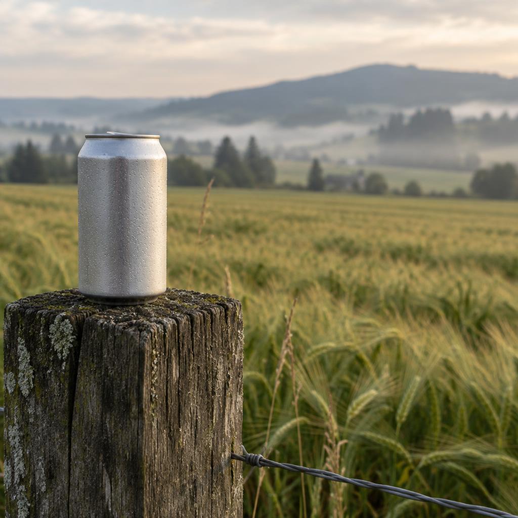 An unbranded aluminum beer can on a fence post beside a barley field