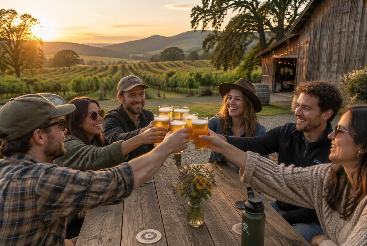 Friends raising pint glasses of craft beer at a farm table in the Willamette Valley at golden hour